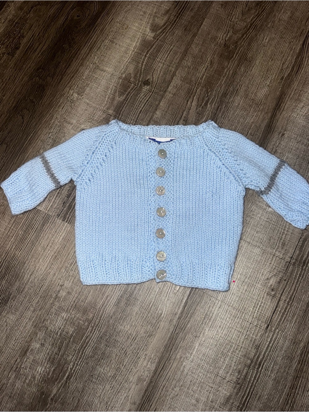 Hand Knit Baby Cardigan Sweater Light Blue Gray Stripe Button Front One Size